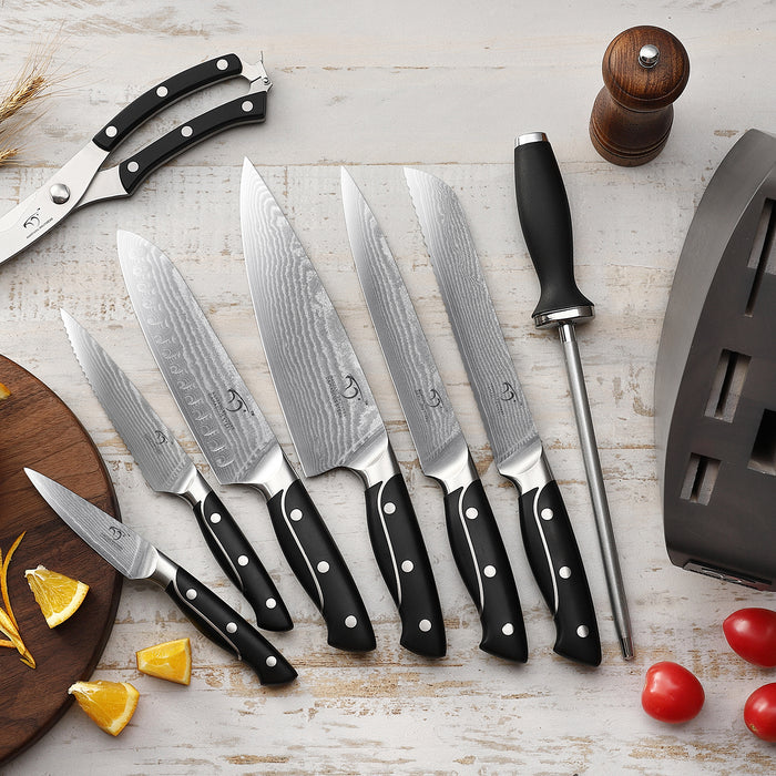 9-Piece Damascus Kitchen Knife Set with Block