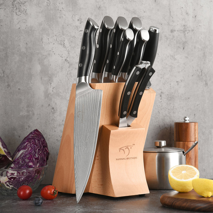9-Piece Damascus Kitchen Knife Set with Wooden Block