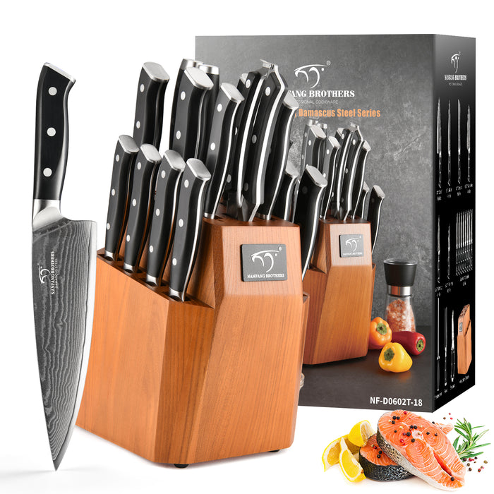 18-Pieces Damascus Knife Set with Wooden Block and 8 Pcs Steak Knife