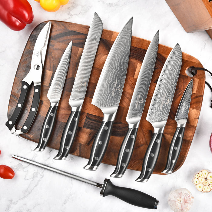9-Piece Damascus Kitchen Knife Set with Wooden Block