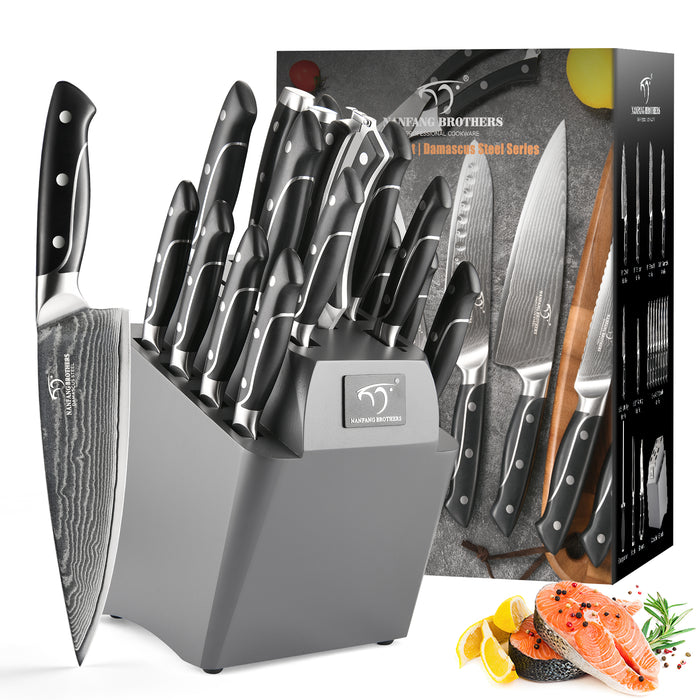 18-Pieces Damascus Kitchen Knife Set with Wooden Block and 8 Pcs Steak Knife