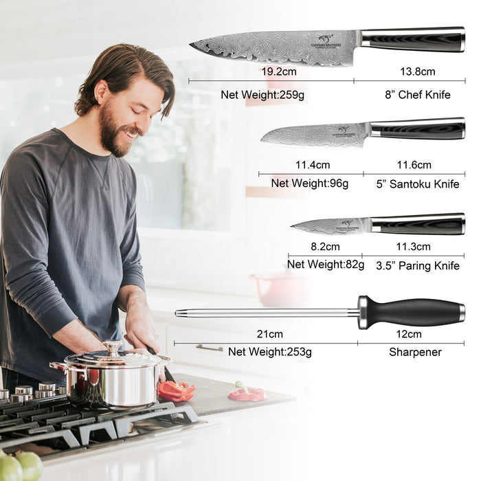 4-Piece Damascus Kitchen Knife Set with Sharpener