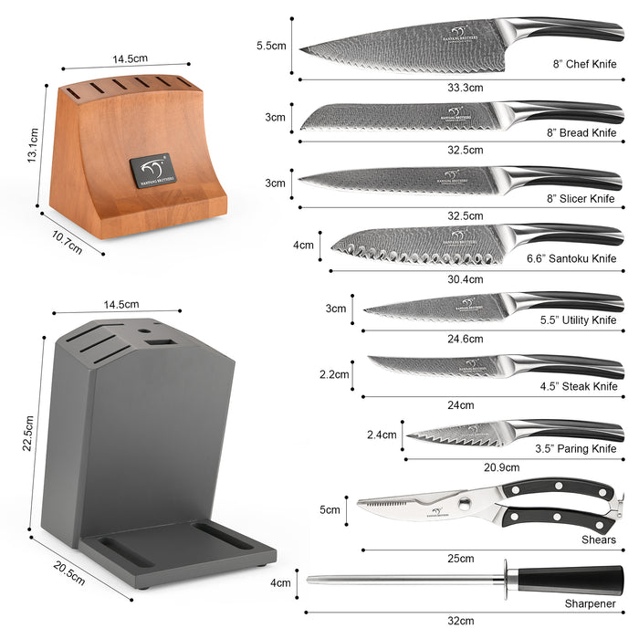 15-Piece Damascus Kitchen Knife Set with Movable Wooden Block