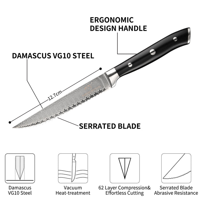 8-Pieces Damascus VG10 Steel Serrated Steak Knives with Wooden Box
