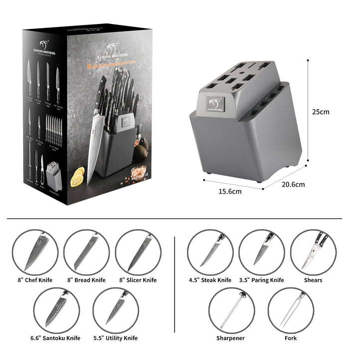 18-Pieces Damascus Kitchen Knife Set with Wooden Block and 8 Pcs Steak Knife