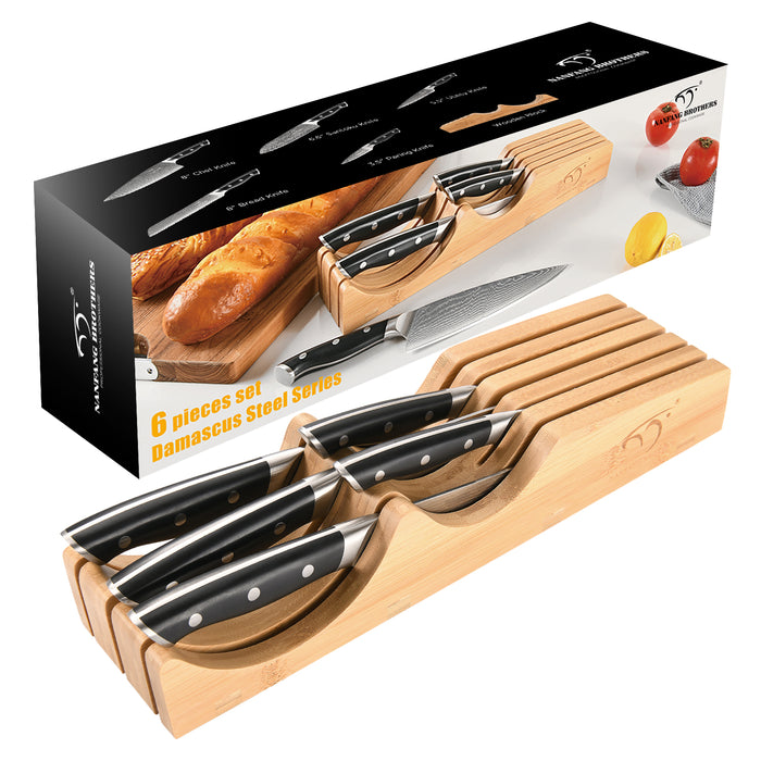 6-Pieces Damascus Kitchen Knife Set with Bamboo Drawer Organizer