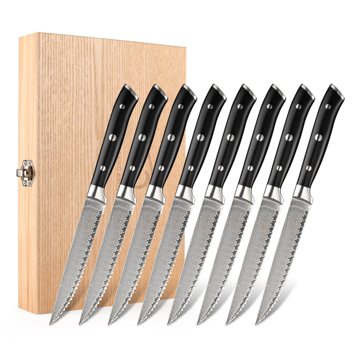 8-Pieces Damascus VG10 Steel Serrated Steak Knives with Wooden Box