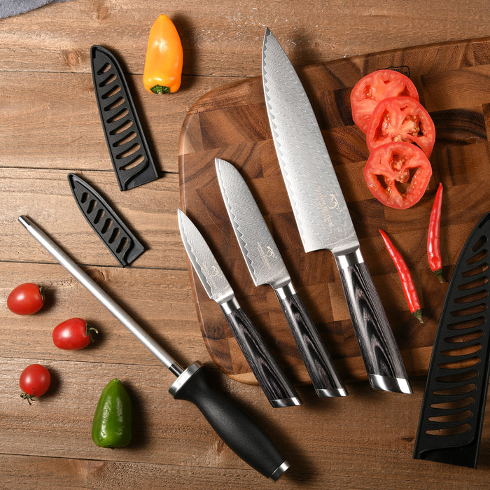4-Pieces Damascus Kitchen Knife Set with Sharpener