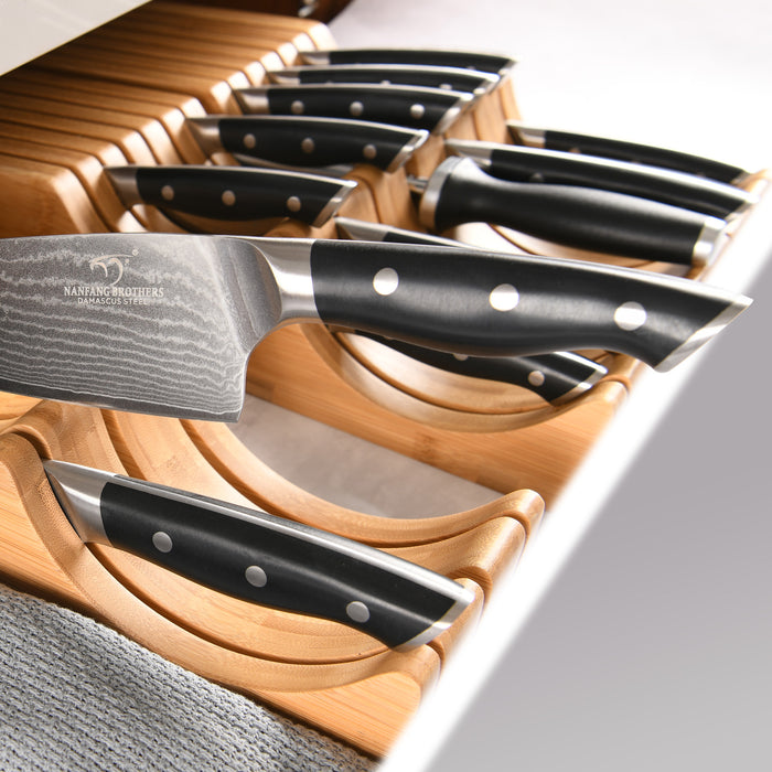 14-Pieces Damascus Kitchen Knife Set with Bamboo Drawer Organizer