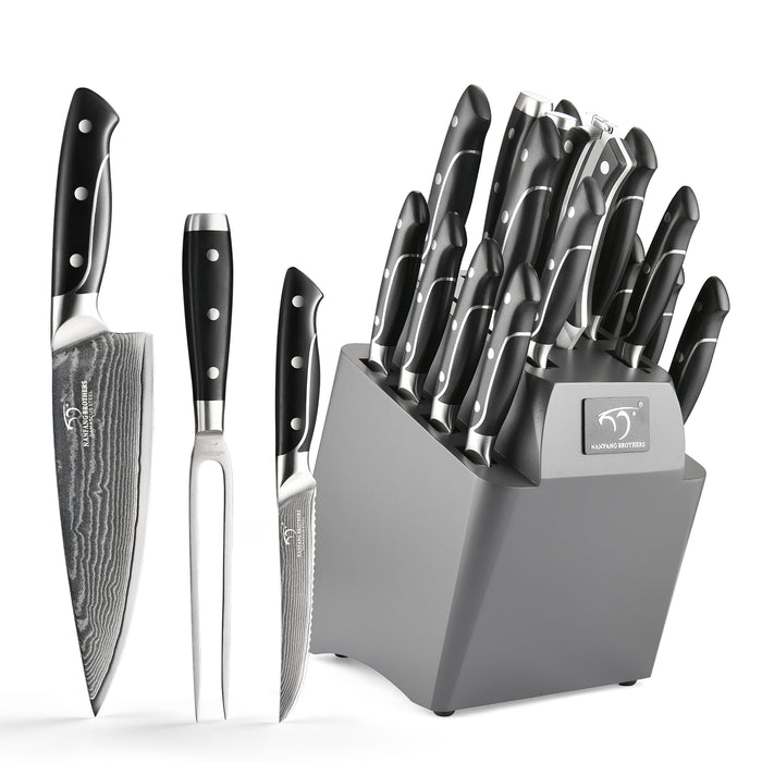 18-Pieces Damascus Kitchen Knife Set with Wooden Block and 8 Pcs Steak Knife