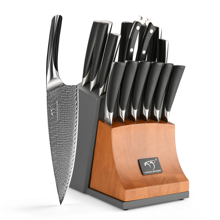 15-Piece Damascus Kitchen Knife Set with Movable Wooden Block