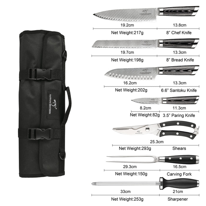 8-Pieces Damascus Kitchen Knife Set with Oxford Fabric Roll