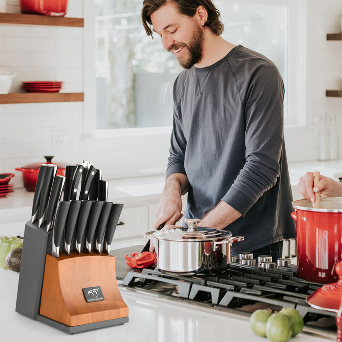 15-Piece Damascus Kitchen Knife Set with Movable Wooden Block