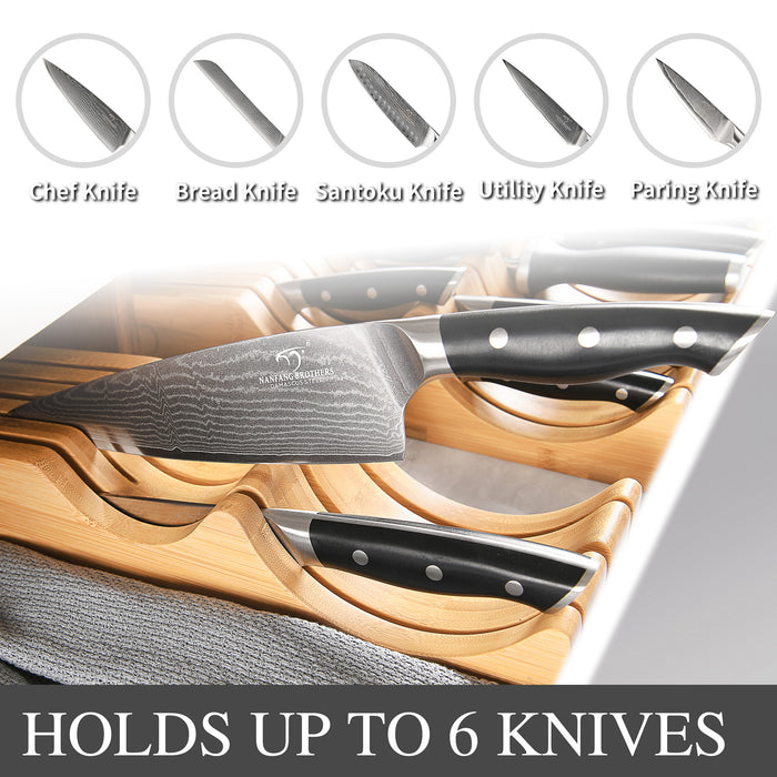 6-Pieces Damascus Kitchen Knife Set with Bamboo Drawer Organizer