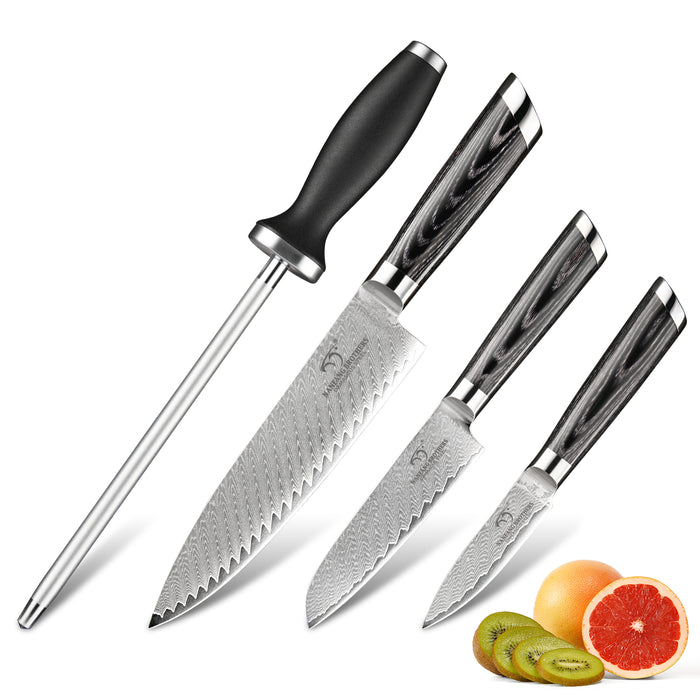 4-Pieces Damascus Kitchen Knife Set with Sharpener