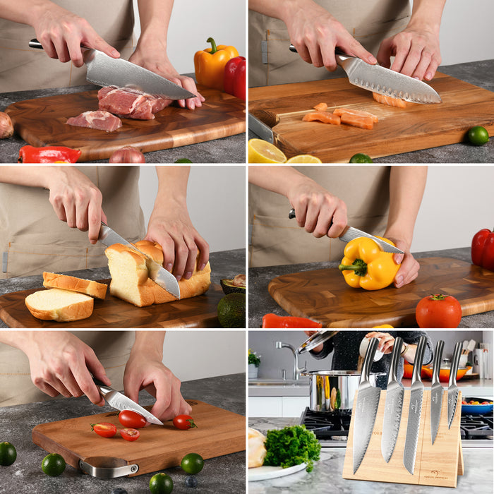 6-Pieces Damascus Kitchen Knife with Magnetic Wooden Block