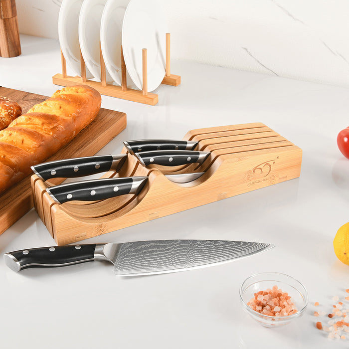 6-Pieces Damascus Kitchen Knife Set with Bamboo Drawer Organizer