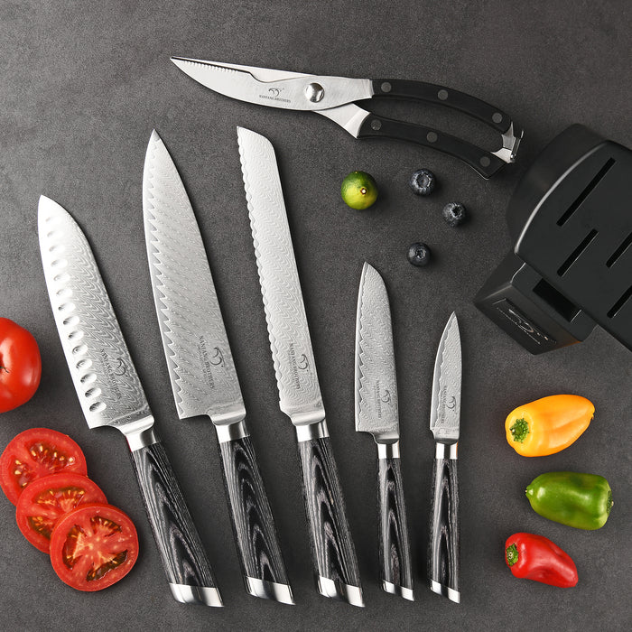 7-Pieces Damascus Kitchen Knife Set with Wooden Block