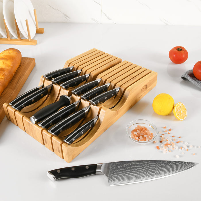14-Pieces Damascus Kitchen Knife Set with Bamboo Drawer Organizer