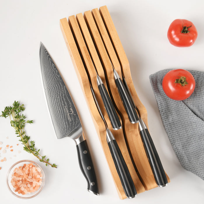 6-Pieces Damascus Kitchen Knife Set with Bamboo Drawer Organizer