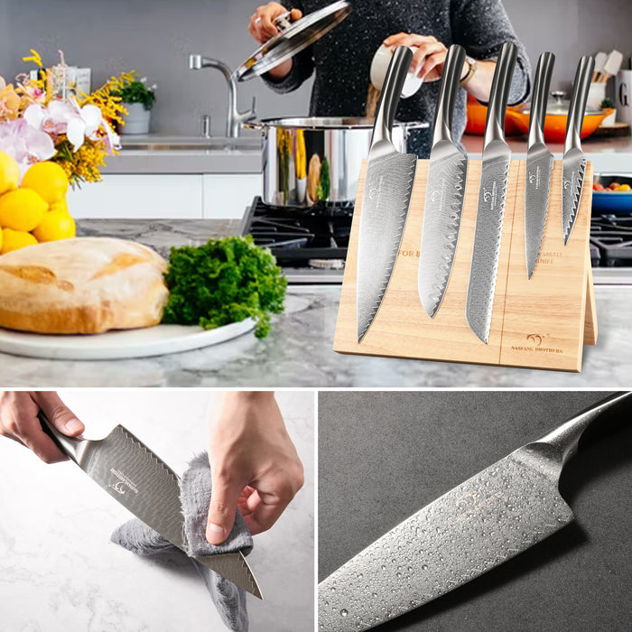 6-Pieces Damascus Kitchen Knife with Magnetic Wooden Block