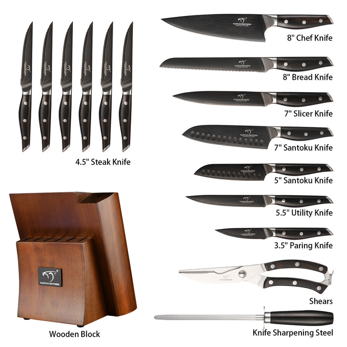16 Pieces Damascus Steel Knife Set with Wood Handles, Wooden Block, Sharpening Steel, Steak Knives and Kitchen Shears