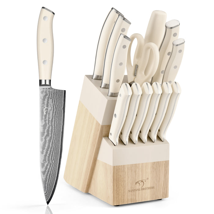 14 Pieces Damascus Steel Knife Set with Wooden Block, Sharpening Steel, Steak Knives and Kitchen Shears