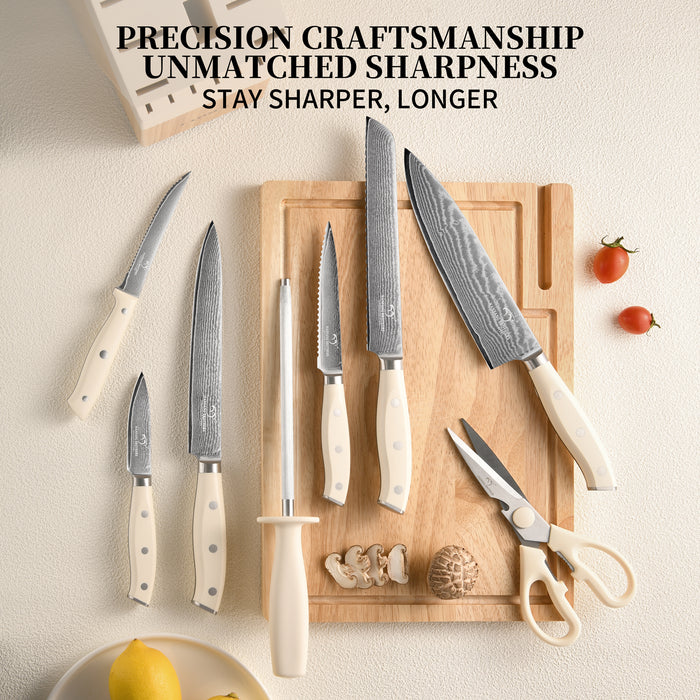 14 Pieces Damascus Steel Knife Set with Wooden Block, Sharpening Steel, Steak Knives and Kitchen Shears