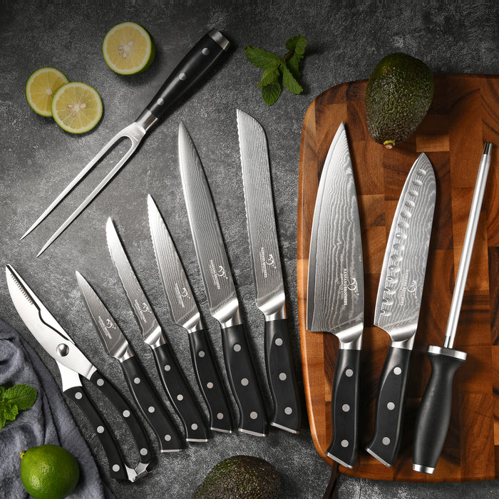 18-Pieces Damascus Knife Set with Black Wooden Block and 8 Pcs Steak Knife