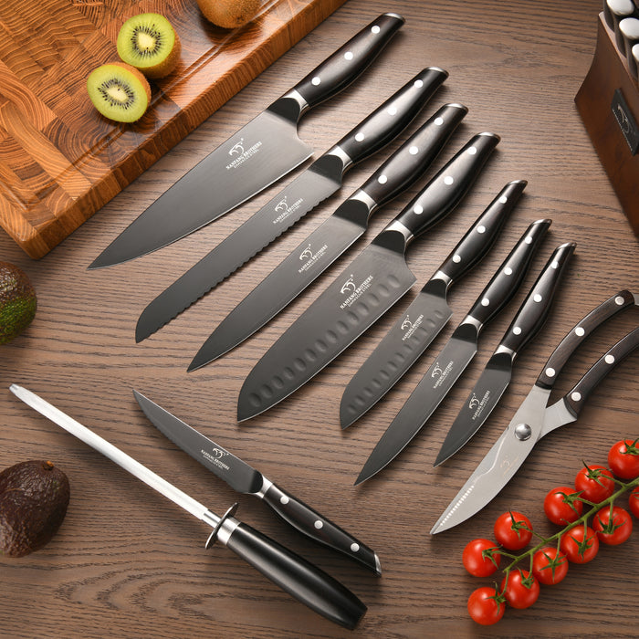 16 Pieces Damascus Steel Knife Set with Wood Handles, Wooden Block, Sharpening Steel, Steak Knives and Kitchen Shears