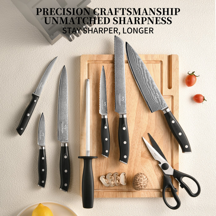 14 Pieces Damascus Steel Knife Set with Black Wooden Block, Sharpening Steel, Steak Knives and Kitchen Shears