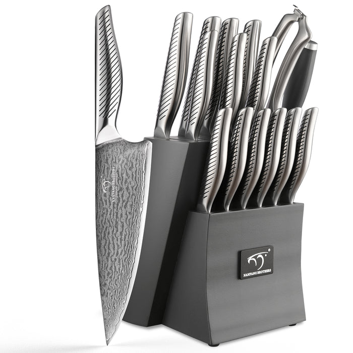 16-Piece Damascus Steel Knife Set with grey Knife Block, 6 Steak Knives, Kitchen Shears and Sharpening Rod