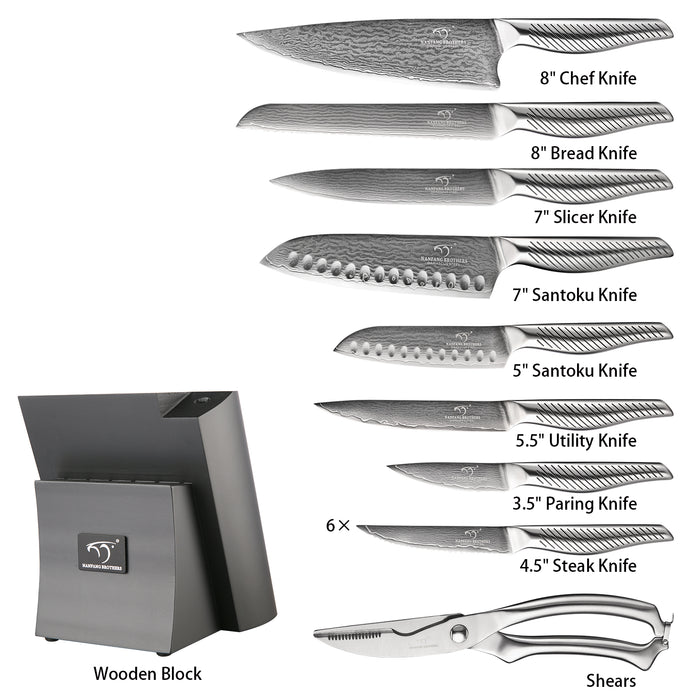 16-Piece Damascus Steel Knife Set with grey Knife Block, 6 Steak Knives, Kitchen Shears and Sharpening Rod