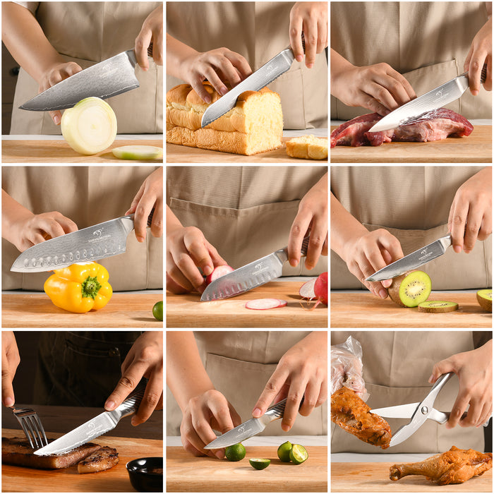 16-Piece Damascus Steel Knife Set with grey Knife Block, 6 Steak Knives, Kitchen Shears and Sharpening Rod
