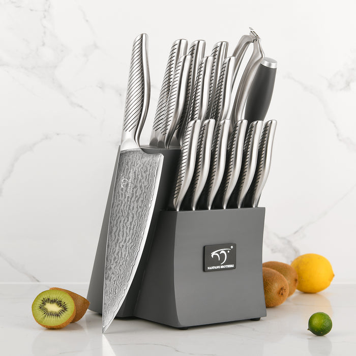 16-Piece Damascus Steel Knife Set with grey Knife Block, 6 Steak Knives, Kitchen Shears and Sharpening Rod