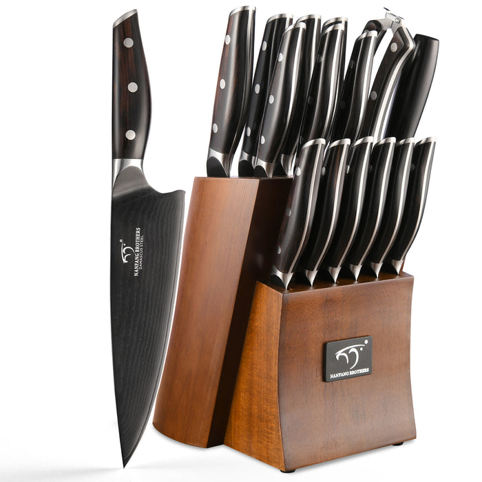 16 Pieces Damascus Steel Knife Set with Wood Handles, Wooden Block, Sharpening Steel, Steak Knives and Kitchen Shears