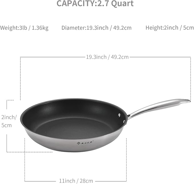 NANFANG BROTHERS Frying Pan 11 inch 316 Food Grade Copper Core Non Stick Frying Pan Set, 3 Ply Compound Pot Bottom, Anti-Scratch Pot Body, Dishwasher Safe (without Pan Lid)