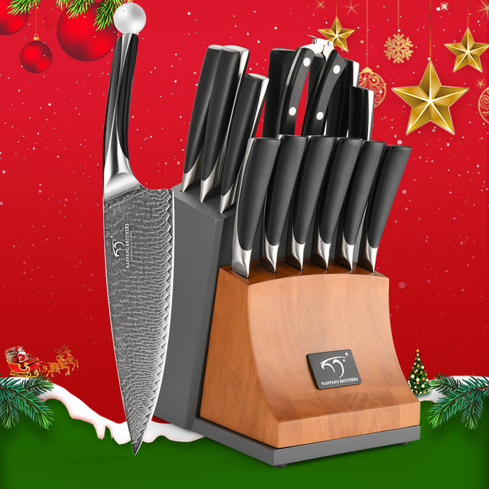 NANFANG BROTHERS Knife Set, 7-Piece Damascus Kitchen Knife Set with Block,  Ergonomic Wooden Handle Knives, Knife Sharpener and Kitchen Shears