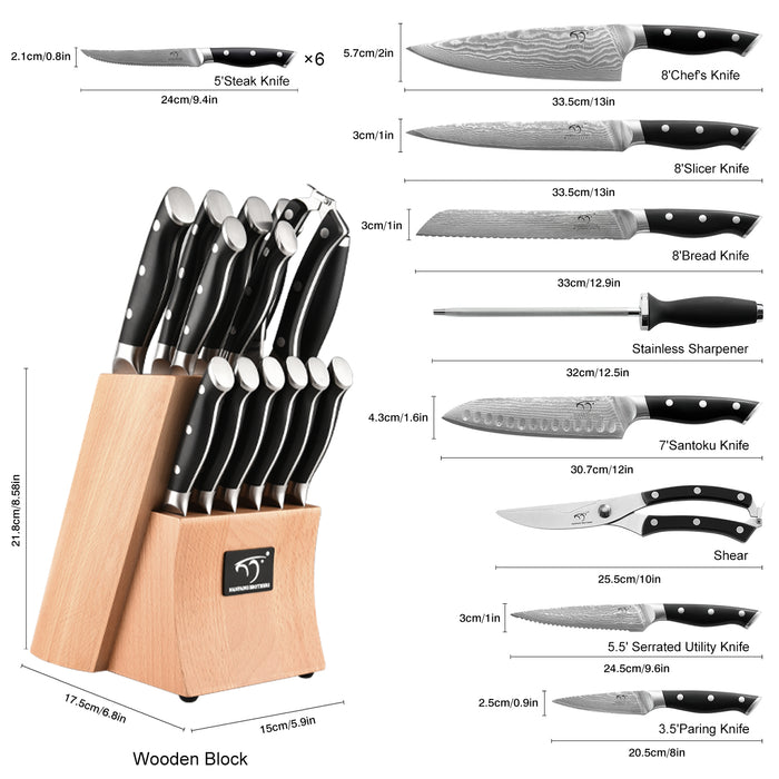 15-Piece Damascus Kitchen Knife Set with Wooden Block and 6 Pcs Steak Knife