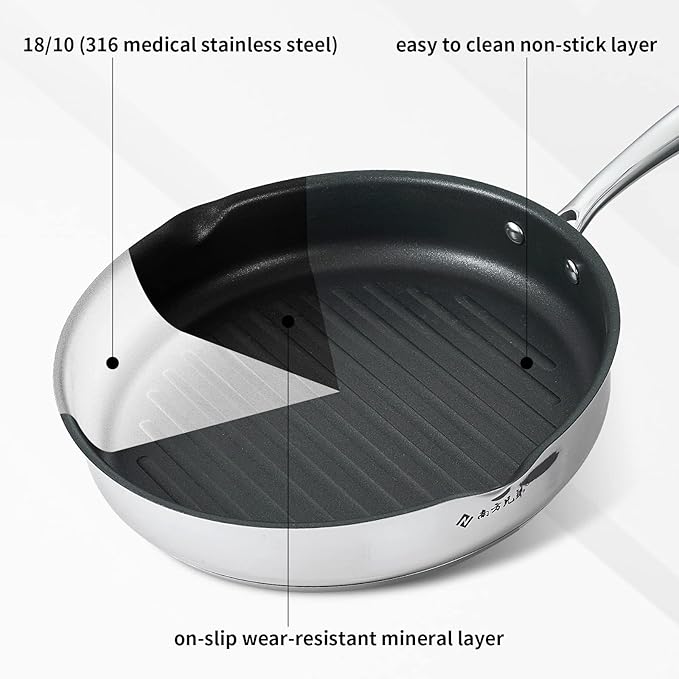 NANFANG BROTHERS Frying Pan 11 inch 316 Food Grade Copper Core Non Stick Frying Pan Set, 3 Ply Compound Pot Bottom, Anti-Scratch Pot Body, Dishwasher Safe (without Pan Lid)