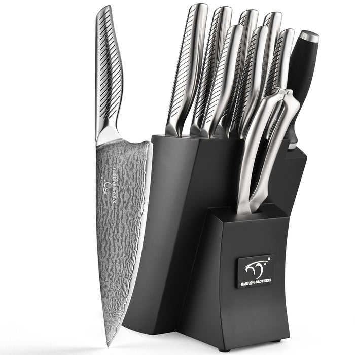 10 Pieces Damascus Steel Knife Set with the Black Block, Steak Knives, Kitchen Shears and Sharpener