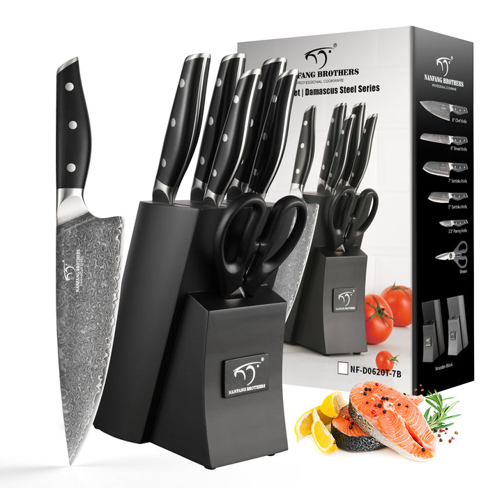 7 Pieces Damascus Steel Knife Set with Black Block, Kitchen Shears, Chef Knife, Santoku Knives and Premium Kitchen Storage