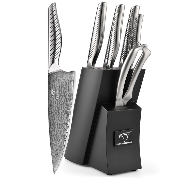 7 Pieces Damascus Steel Knife Set with Black Block, Kitchen Shears, Sharpener and Professional Kitchen Knives