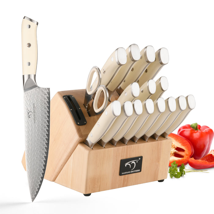 NANFANG BROTHERS Knife Set, 7 Pieces Damascus Kitchen Knife Set with Block,  ABS Ergonomic Handle for Chef Knife Set, Kitchen Shears, Knife Block Set