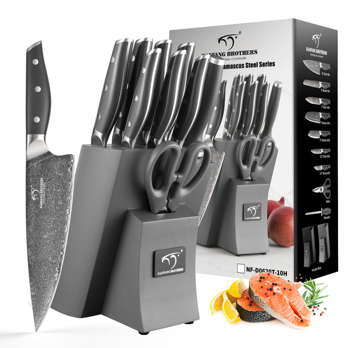 10 Pieces Damascus Steel Knife Set with Gray Block, Sharpening Rod, Kitchen Shears and Professional Chef Knives