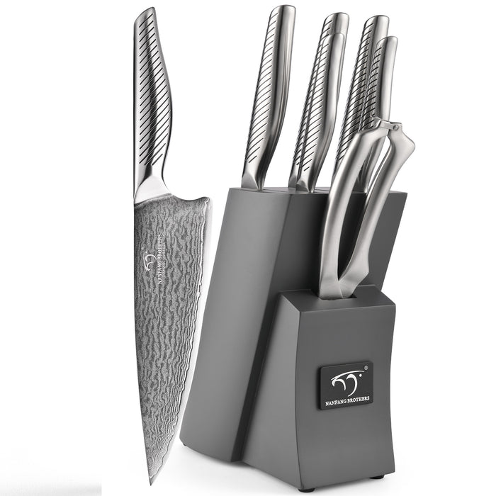 7 Pieces Damascus Steel Knife Set with Grey Block, Kitchen Shears, Sharpener and Professional Kitchen Knives