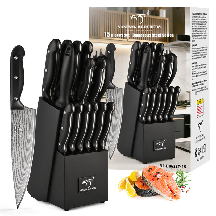 15 Pieces Damascus Steel Knife Set with Black Block, Steak Knives, Kitchen Shears and Sharpener