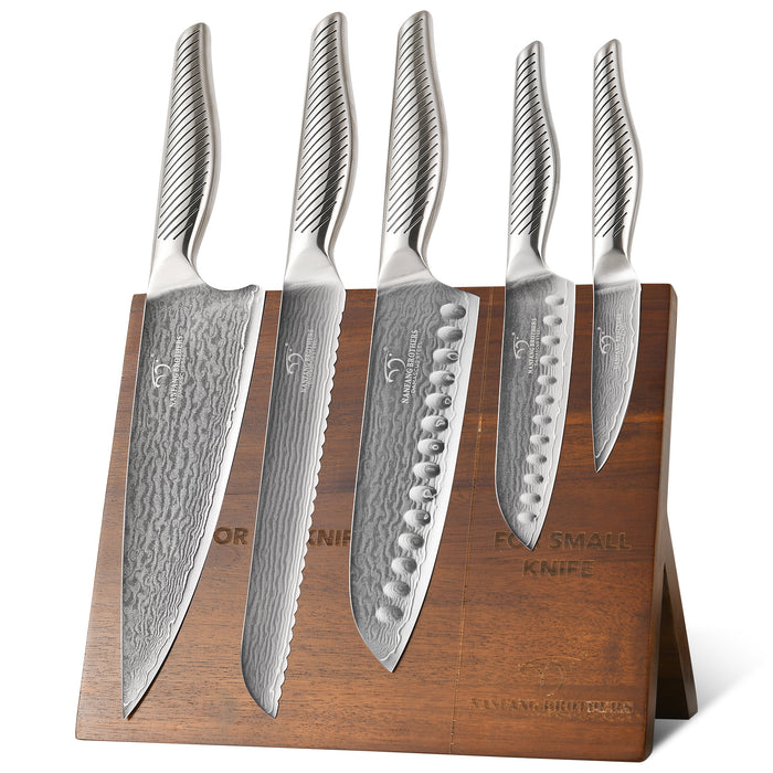 6 Pieces Damascus Steel Knife Set with Magnetic Block, Chef Knife, Santoku Knife, Paring Knife and Modern Kitchen Storage