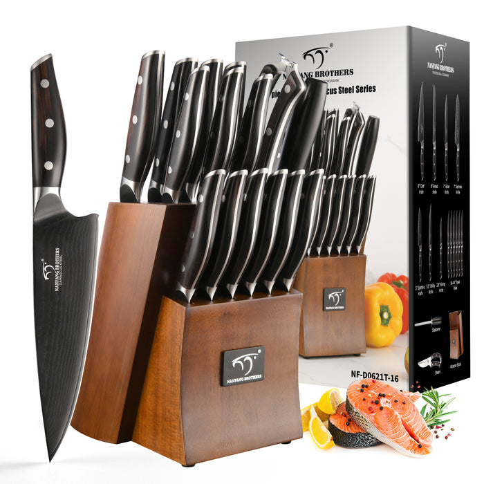 16 Pieces Damascus Steel Knife Set with Wood Handles, Wooden Block, Sharpening Steel, Steak Knives and Kitchen Shears