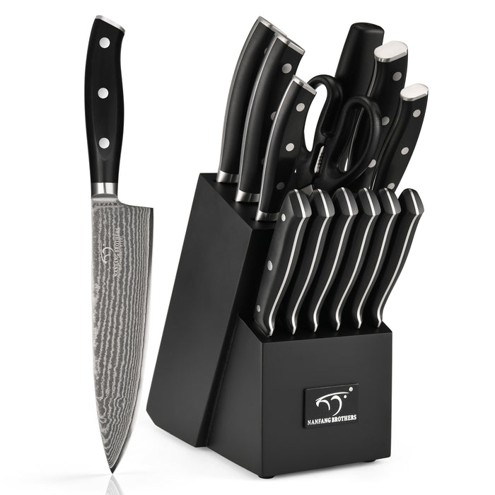 14 Pieces Damascus Steel Knife Set with Black Wooden Block, Sharpening Steel, Steak Knives and Kitchen Shears